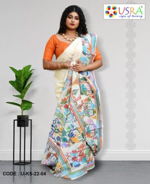 White Kantha Stitch Saree 04