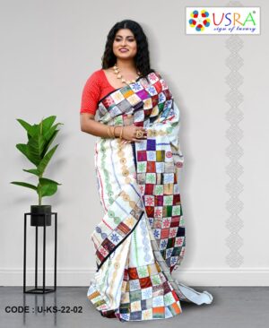 White Kantha Stitch Saree 02