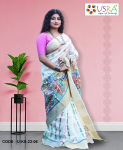 White Kantha Stitch Silk Saree Side -06