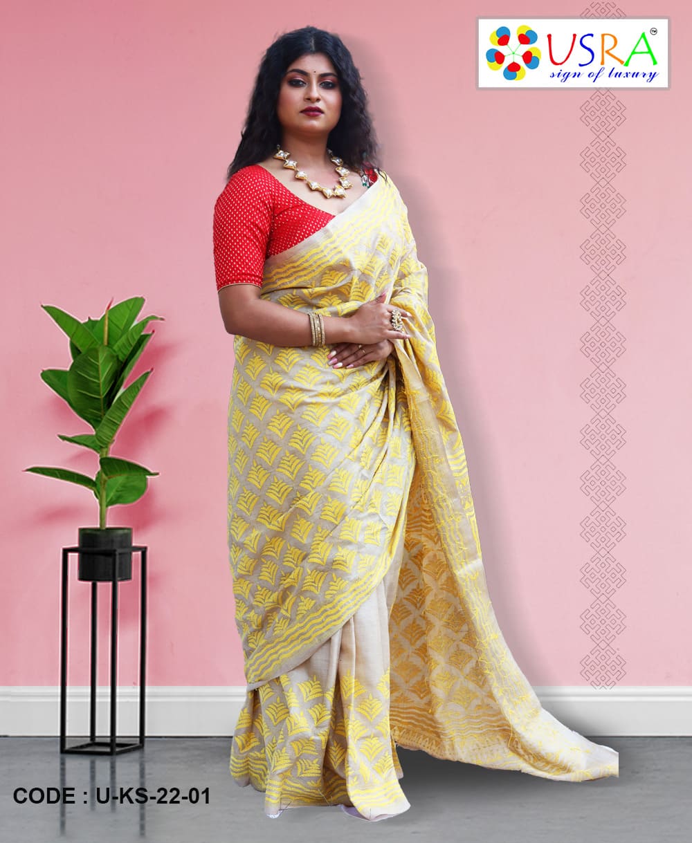 yellow-kantha-stitch-side Yellow Kantha Stitch Saree Side